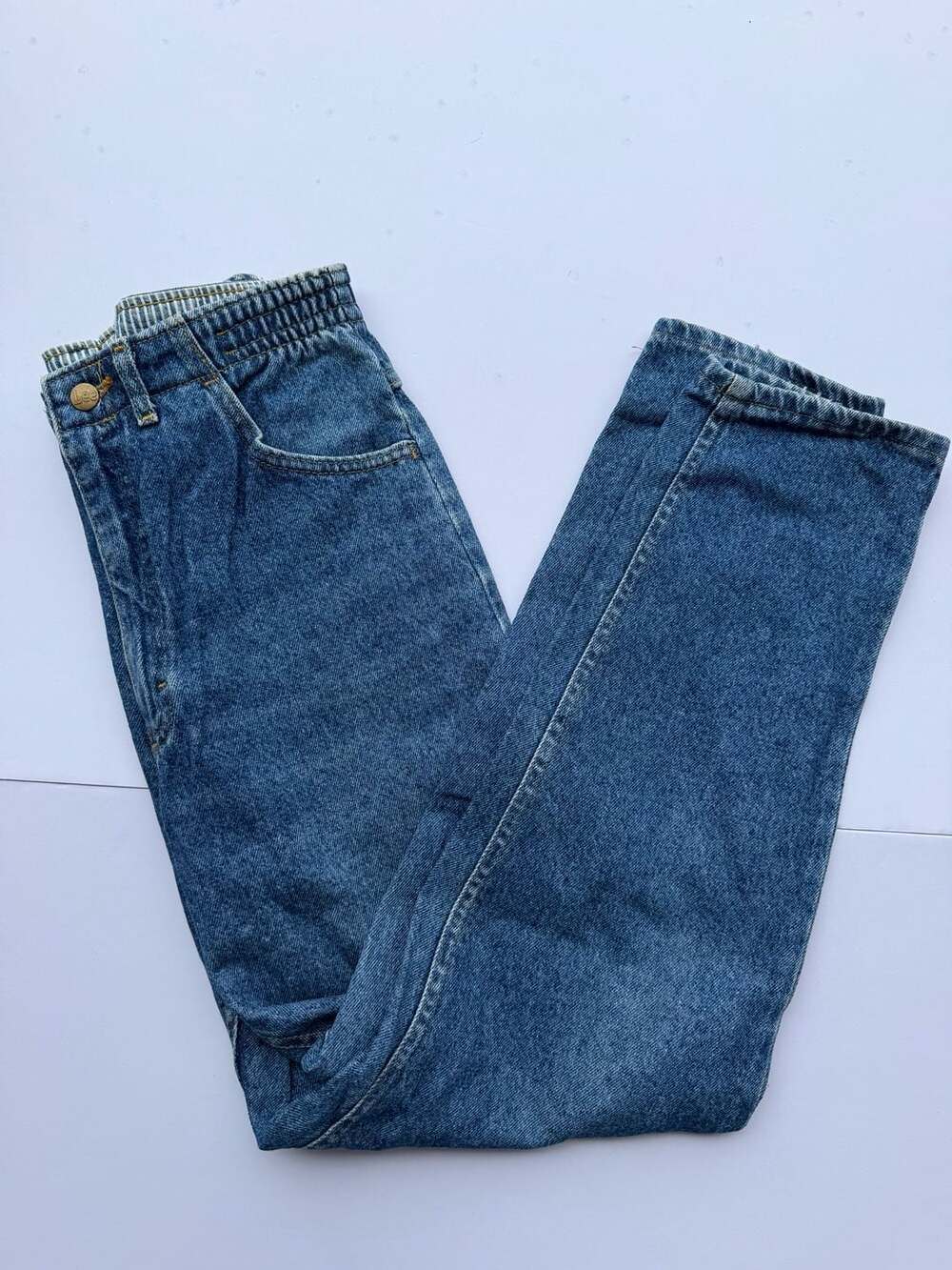 Vintage Lee High Waisted Elastic Waist Mom Jeans Blue Denim